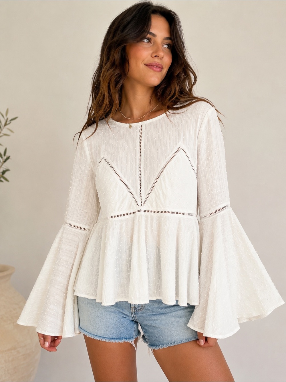 Gianni Bini White Swiss Dot Sheer Boho Peasant Blouse Top Medium